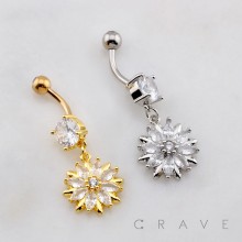 DANGLE VIBRANT FLORAL SUNFLOWER DAHLIA MULTI CZ BELLY BUTTON NAVEL RING 316L SURGICAL STEEL